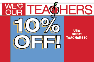 banner image with the text "We love our teachers! 10% off with code TEACHERS10"