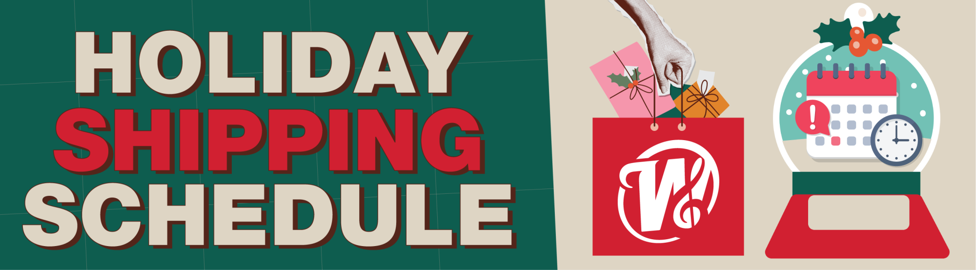 graphic, a collage including a gift bag and a calendar with the text "Holiday Shipping Schedule"