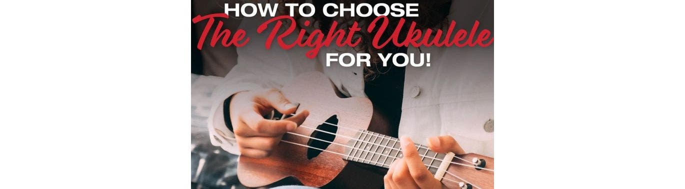 A person with curly hair strums a wooden ukulele. Bold red and white text above them reads, “How to Choose the Right Ukulele for You!